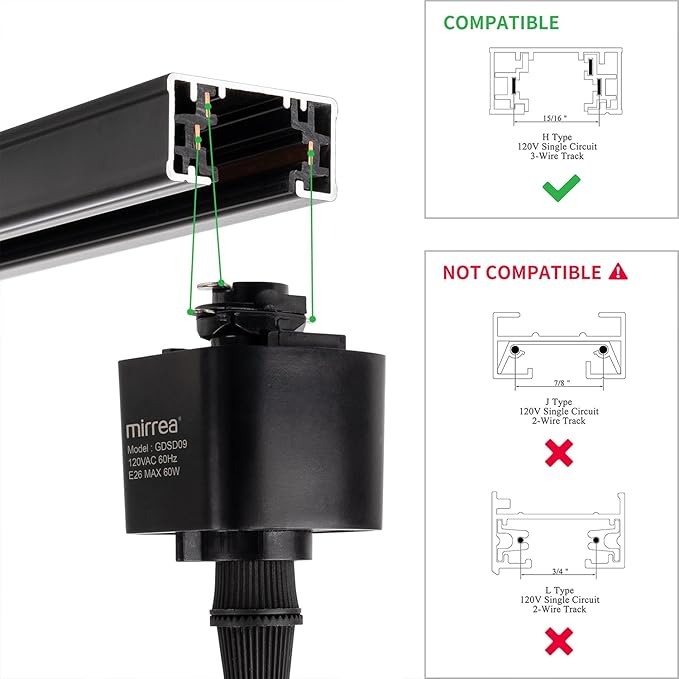 mirrea H Type Black Track Lighting Pendant with E26 Socket Cord Adjustable Pack of 3 (2 feet)