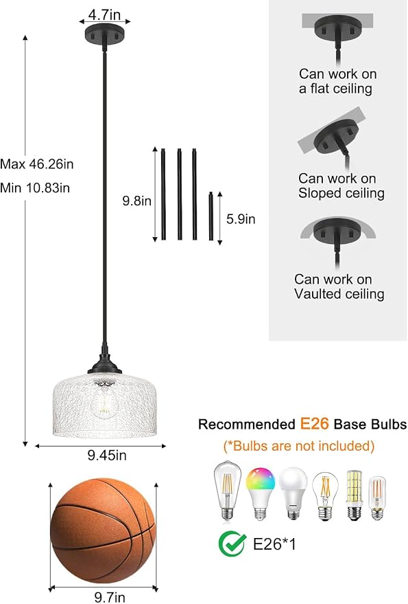 Black Vintage Pendant Lights Kitchen Island, Farmhouse Pendant Lights With Cracked Glass, Adjustable Hight & Angle Bathroom Hanging Lights Fixtures For Home Bedroom Hallway,Dining Room,E26 Socket