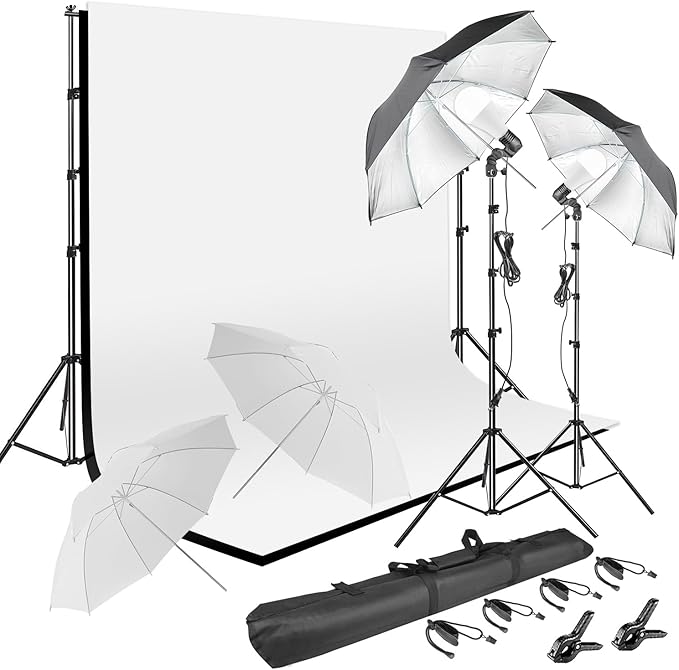 Photography Umbrella Lighting Kit with 85w Led Bulb,Muslin Backdrop (White Black), Backdrop, Clips Clamp,8.5 * 10ft Photo Background Photography Stand System for Photo Video Studio Shooting
