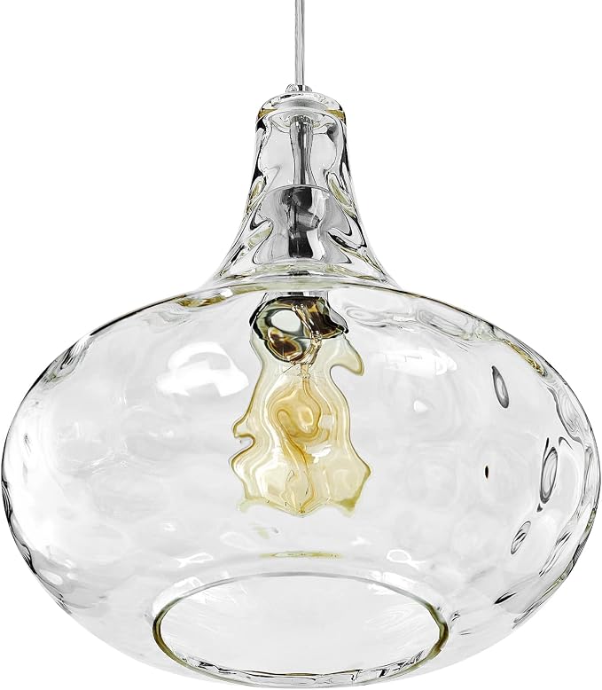Hammered Glass Pendant Light, 11" Handblown Shade, Chrome Finish, Adjustable Hanging Cord, Vintage Ceiling Light for Kitchen Island, Dining Room, Hallway | Adjustable hanging cord, compatible with E26 bulbs, vintage pendant lighting for kitchen island,...