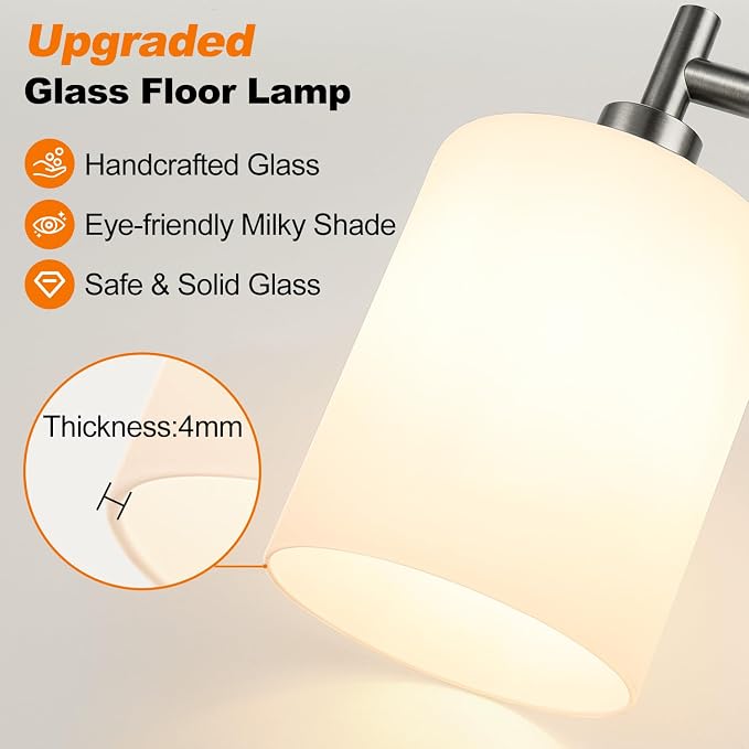 【Upgraded】 Dimmable Floor Lamp for Living Room with Opal Glass Lampshade, Brushed Nickel Modern Floor Lamp with 900LM LED Bulb Included, Standing Tall Lamp for Bedroom, Office, Reading Room, Corner