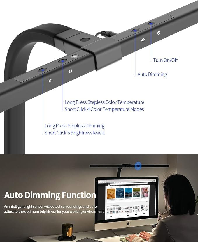 Desk Lamps for Home Office, 24W Extra Bright Office Desk Lighting, 31.5" Wide Modern Black Desk Lights with Auto Dimming Memory Function, Stepless Dimming Task lamp for Workbench Monitor