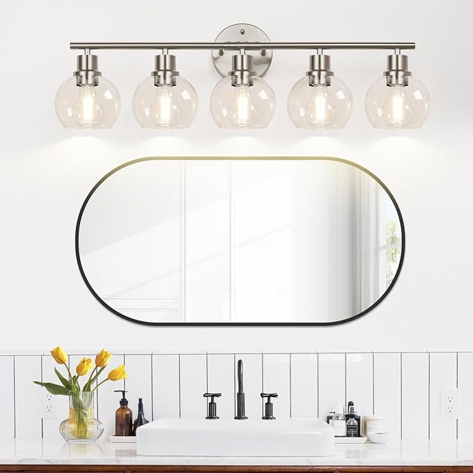 Indoi 5-Light Bathroom Light Fixtures, Brushed Nickel Vanity Light with Clear Glass Globe Shades, Modern Bathroom Wall Sconce Lighting for Mirror, Kitchen, Hallway, Bedroom