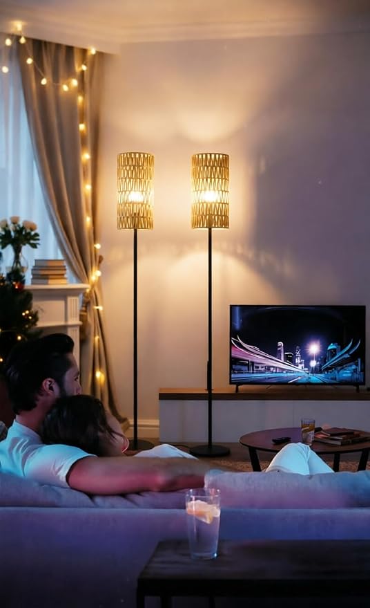 Ruiever 2 Pack Smart Floor Lamp for Living Room,Gaming - Remote, Timer Floor lamp with Remote, APP Control & RGB Standing lamp with Hand-Worked Rattan Shade Bluetooth Bulb Included