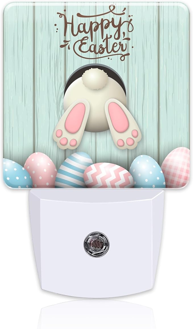 Happy Easter Night Light Plug into Wall,Easter Bunny and Colorful Eggs Dusk to Dawn Night Light,0.5w Energy Saving Sleep Friendly Nightlights for Kids Boys Girls Home Decor