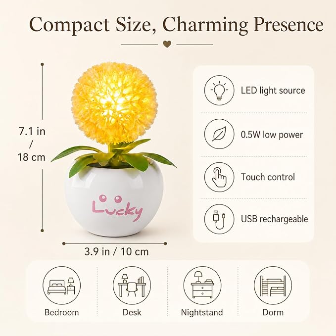 Dandelion LED Night Light,Rechargable Flower Bonsai Desk Lamp with Ceramic Base,Stepless Dimmable & Touch Control Accent Light,Aesthetic Room Decor for Bedroom,Dorm,Gifts for Girls Women (Orange)
