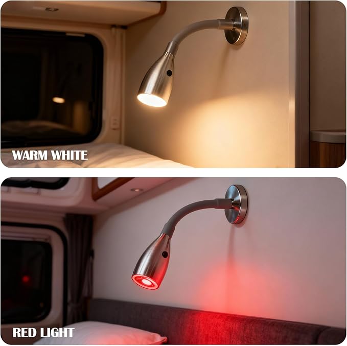 2-Pack 12V/24V RV Flexible Gooseneck Reading Light Warm White & Red Night Mode Wall Mounted Bedside Under-Cabinet On Motorhome, Camper Van, Truck, Brushed Nickel