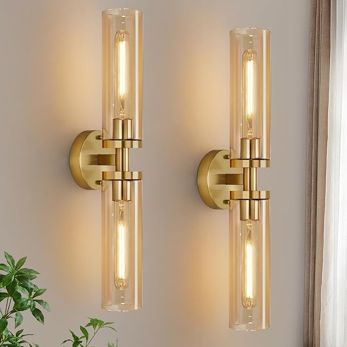 Indoi Wall Sconces Set of Two, Hardwired Brushed Gold Bathroom Sconces Wall Lighting with Amber Glass, Modern Sconces Wall Decor Set of 2 Vanity Light fixtures for Bathroom Mirror Bedroom