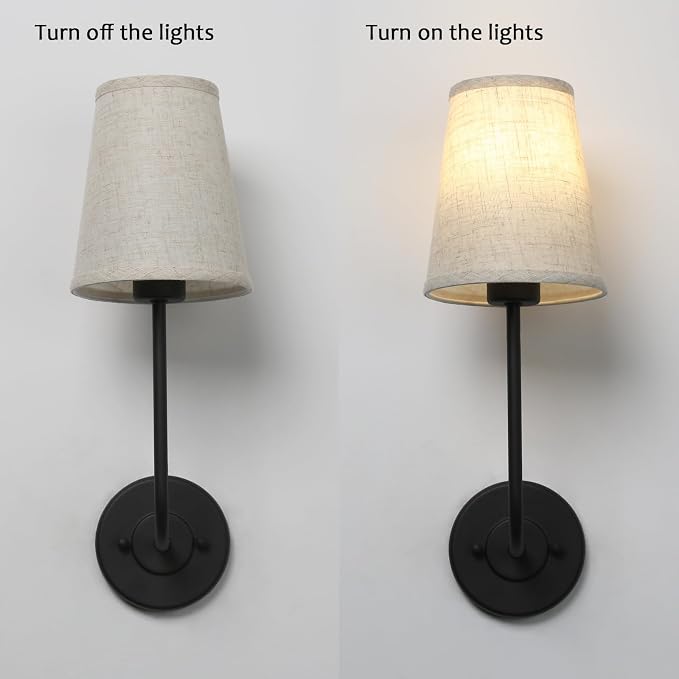 Rustic Vintage Wall Sconce Set of 2 Single Sconce Light with Flared Funnel Linen Fabric Shade Nightstand Lamps for Bedrooms Bedside Reading Living Room (Matt Black)