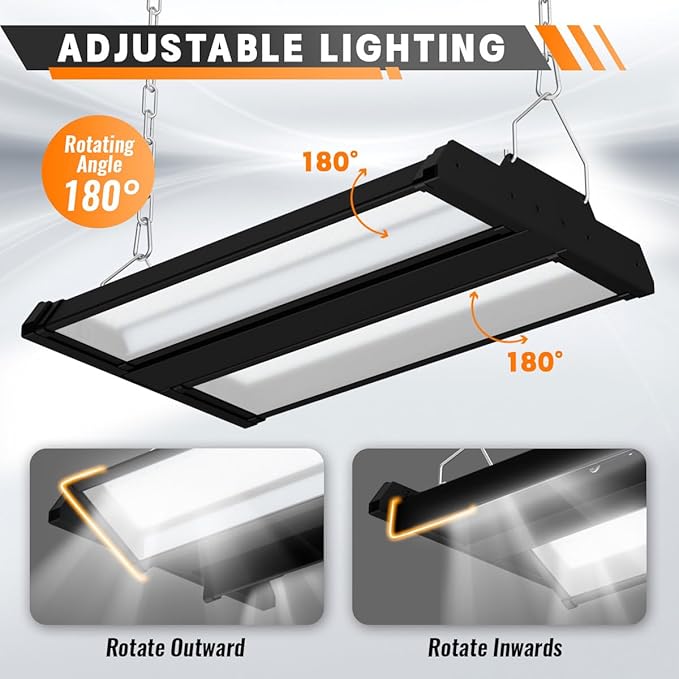 Allsmartlife LED Linear High Bay Light 1-Pack, 150W 20250LM 0-10V Dimmable 5000K Daylight, Adjustable Black Tilt Hanging LED High Bay Shop Lighting Fixtures for Garage Warehouse Workshop