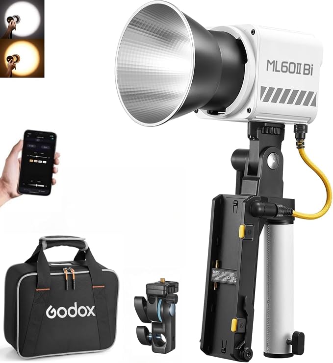 Godox ML60IIBi with Handheld Bracket, 70W Bi-Color LED Video Light, Handheld LED Light with Quiet Cooling Fan, Portable COB Continuous Output Lighting, 11 FX Effects 0-100% Brightness