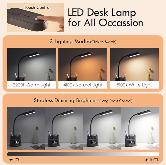 WILIT LED Desk Lamp for College Dorm Room Essentials, Students Study Lamp with USB Charging Port, Pen Holder, Clock & RGB Night Light, Office Desk Accessories, Table Lamp for Bedroom - Gray