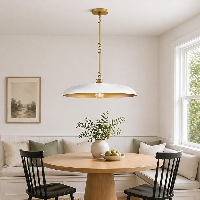 Hinkley Sadie 24" Large Dome Chandelier, Chalk White with Lacquered Brass | Two Tone Saucer Pendant, Includes (5) 7" Downrods, Needs a Med. LED Bulb, Adjustable Height, Dining Room, Kitchen