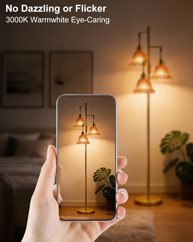 Lightdot Glass Floor Lamps for Living Room, 3-Light Dimmable Floor Lamp with Rose Red Glass Shade& E12 Bulbs Included, Mid Century Standing Tall Lamp with 5Lbs Heavy Base for Bedroom/Sofa Beside-Gold