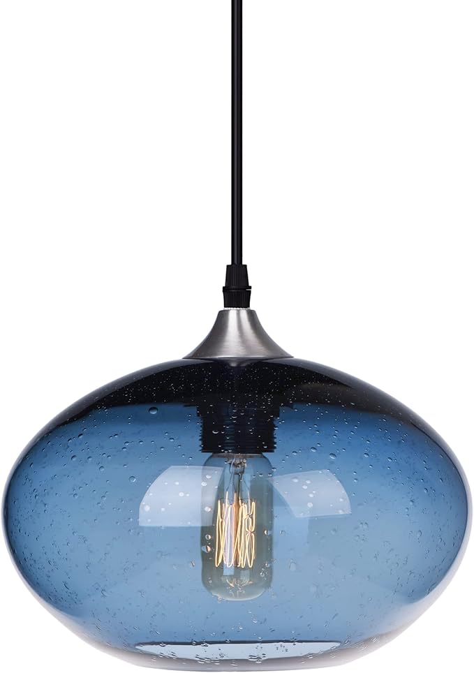 ARIAMOTION Pendant Lighting for Kitchen Island Blue Glass Modern Hanging Light Fixtures Seeded Bubble Over Sink 9.4 Inch Diam