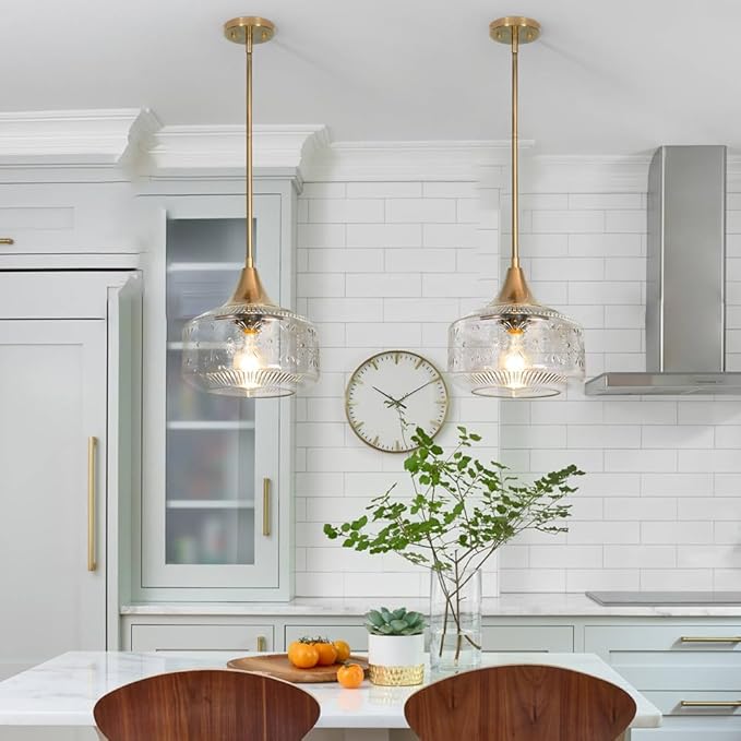 9'' Vintage Gold Pendant Light with Clear Glass, Adjustable Pendant Lighting for Kitchen Island Brushed Pendant Lights Convertible Ceiling Mount Or Hanging Fixture for Hallway Bathroom,Brown Bronze