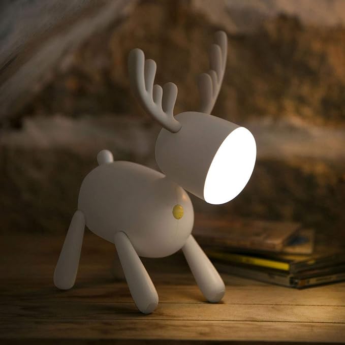 LED Night Light, Cute Deer Night Lamp, Cartoon Deer-Shaped Table Lamp, Portable Reading Table Night Lamp USB Charging Bedroom Decoration(White)