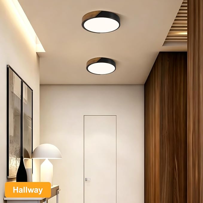 Modern LED Ceiling Light, Brown Walnut Wood Flush Mount Ceiling Light Fixture, Dimmable 5CCT Minimalist Circle Lighting Lamp with Acrylic Lampshade for Bedroom Laundry Room Hallway 11.8"