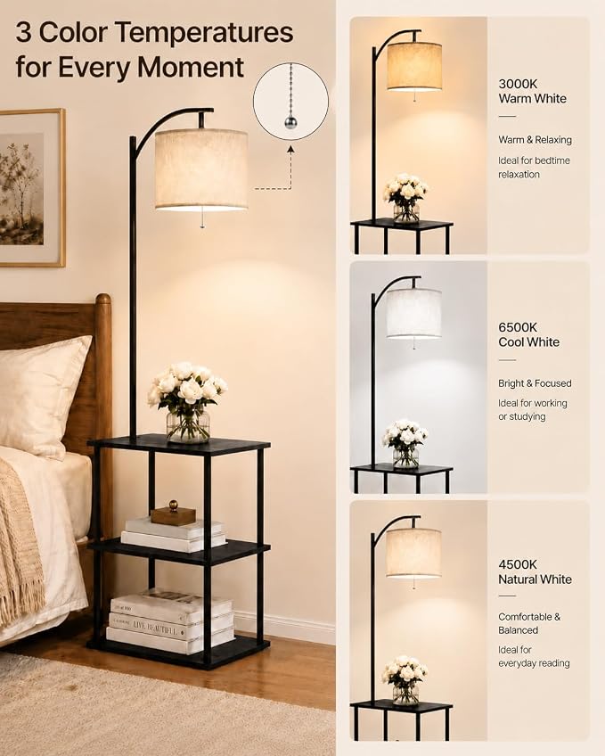 GERGO Floor Lamp with Table, Side Table for Living Room, 3 CCT 9W LED Bulb | Adjustable Linen Shade & Pull Chain, Modern Coffee End Table, Night Stand with Storage Shelves for Bedroom, Office Home Décor