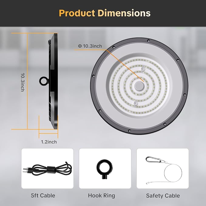 AIKVSXER 200W UFO High Bay Light 8 Pack, 6000K LED Shop Lights Plug & Play | 30000LM Commercial Bay Lighting IP65 Waterproof Garage Light, CRI>85 No Flicker, 120° Beam Angle, 5ft Cable 60000hrs Lifespan