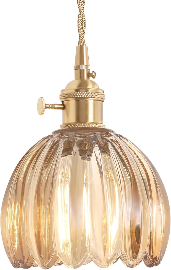 Pendant Light with Amber Tulip Glass Lmapshade, Brass Vintage Pendant Light Adjustable Hanging Light for Kitchen Island Dining Room Hallway