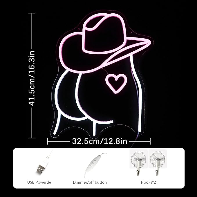 Cowboy Hat Neon Sign Buttocks LED Sign for Wall Decor USB Powered Pink White Sexy Neon Light for Gameroom, Bedroom, Livingroom, Bar, Office, Beer Bar (16.5 x13 inch)