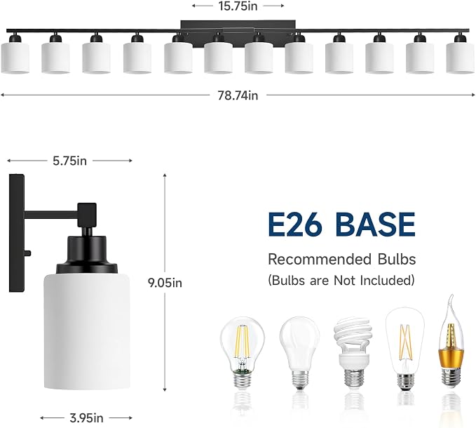 12 Light Black Vanity Lights for Giant Mirror, Bathroom Vanity Lights Over Mirror with Milky White Frosted Glass Shades,78.8 inch Bathroom Light Fixture for Mirrors, E26