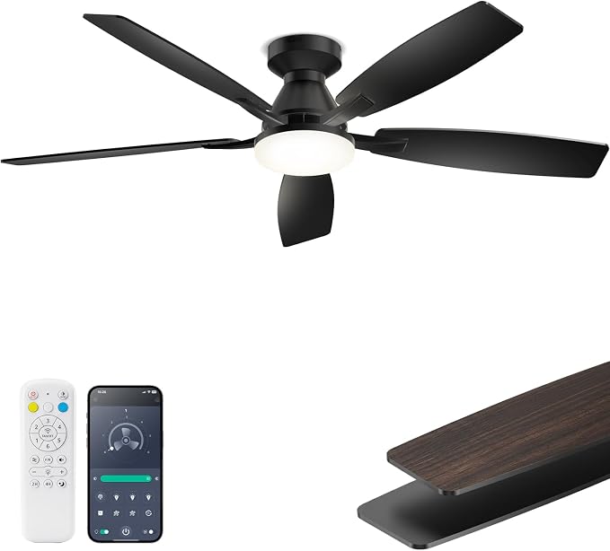 52 Inch Ceiling Fans with Lights, App & Remote Control, Quiet Reversible DC Motor, 6 Speeds, Dimmable 3CCT LED Light, Low Profile Flush Mount Ceiling Fan for Bedroom Living Room, Black
