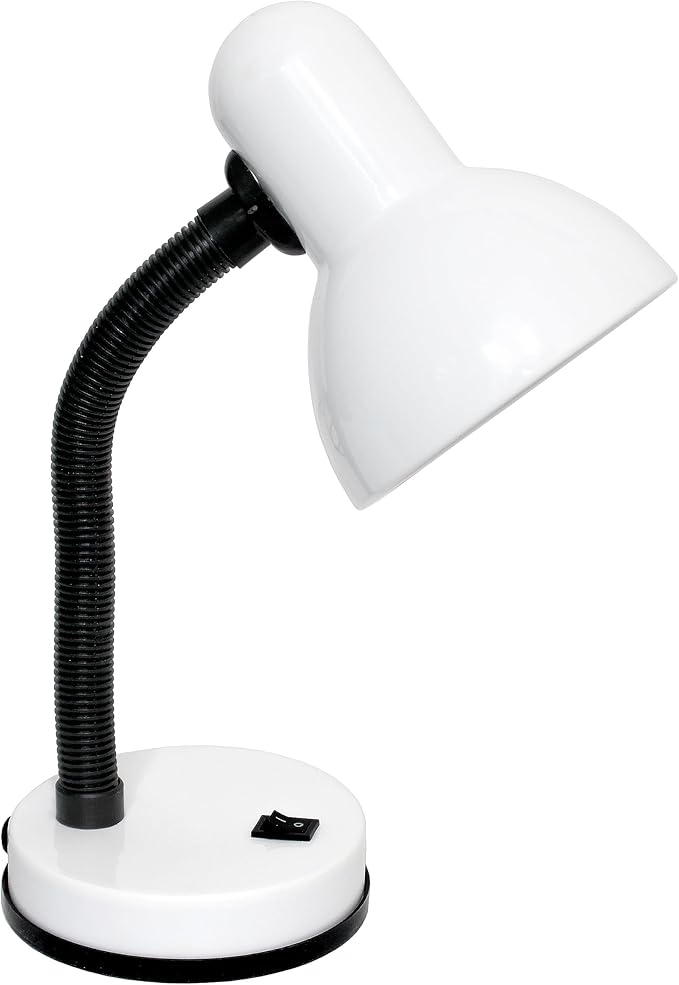Simple Designs LD1003-WHT Basic Metal Desk Lamp with Flexible Hose Neck for Office, Living Room, Bedroom, College Dorm, Bookshelf, White (Pack of 1)