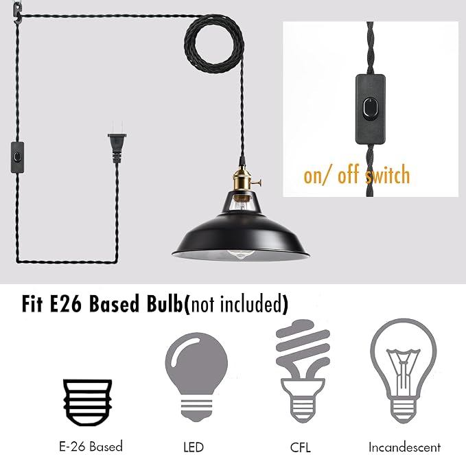 YUBOLE Indsutrial Black Plug in Hanging Lights with 216.5" L Cord | Black & White 10.6"W Shade, E26 Swag Pendant Light with Switch for Kitchen Bedroom Dining Bar Reataurant Cafe Loft