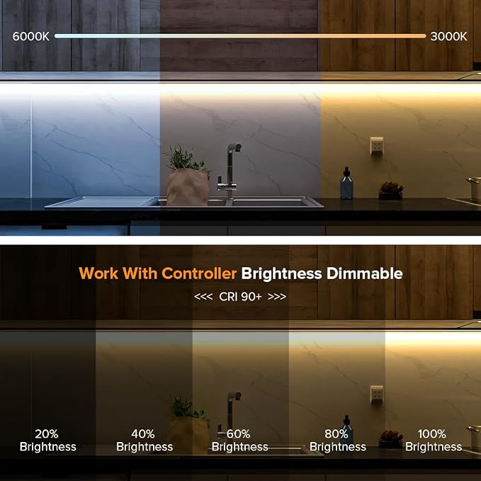 BTF-LIGHTING UL Listed Tunable White 3000K-6000K COB LED Strip Light with RF Remote,CRI 90+ DC12V 16.4FT Dimmable CCT Ultra Bright LED Tape Light for Home Kitchen Cabinet Office Indoor DIY Lighting