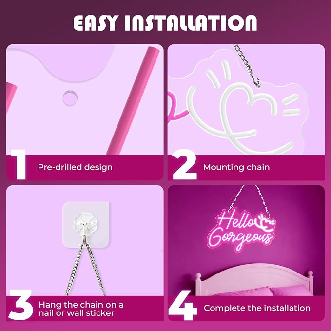 Hello Gorgeous Neon Sign, 16 * 10.8 Inches Led Sign, Neon Signs for Wall Decor with Dimmable Switch, Powered by USB Light up Sign, Pink Neon Lights for Teen Girls Bedroom, Salon, Party