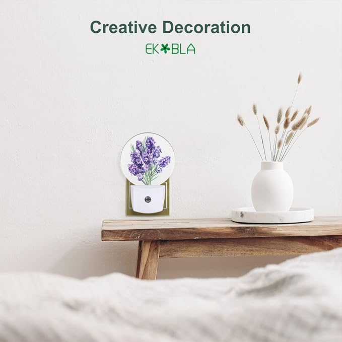 EKOBLA Lavender Night Light, Hope Flowers Purple Blossoms Floral Bouquet Night Lights Plug into Wall for Boys Girls, Led Lamp for Stairway Bedroom 0.5W Nightlight Sleep Friendly