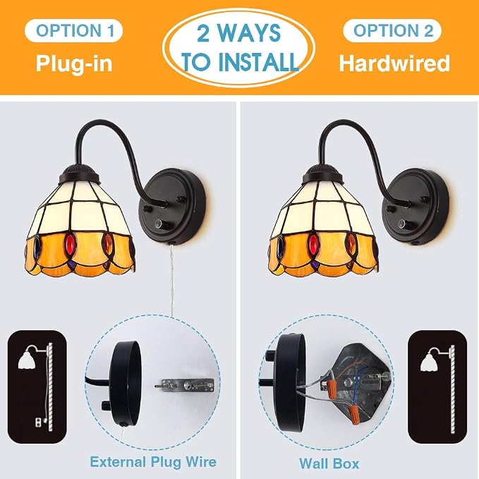 Tiffany Dimmable Wall Mount Lamp, Industrial Vintage Gooseneck Wall Sconce Lighting with Plug in Cord and Switch for Bedroom Nightstand, Living Room