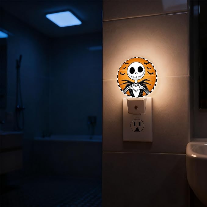 Mugod Funny Halloween Skeleton Plug-in Nightlights Bats Night Light Plug into Wall with Dusk-to-Dawn Sensor LED Lighting 0.5W Sleep-Friendly
