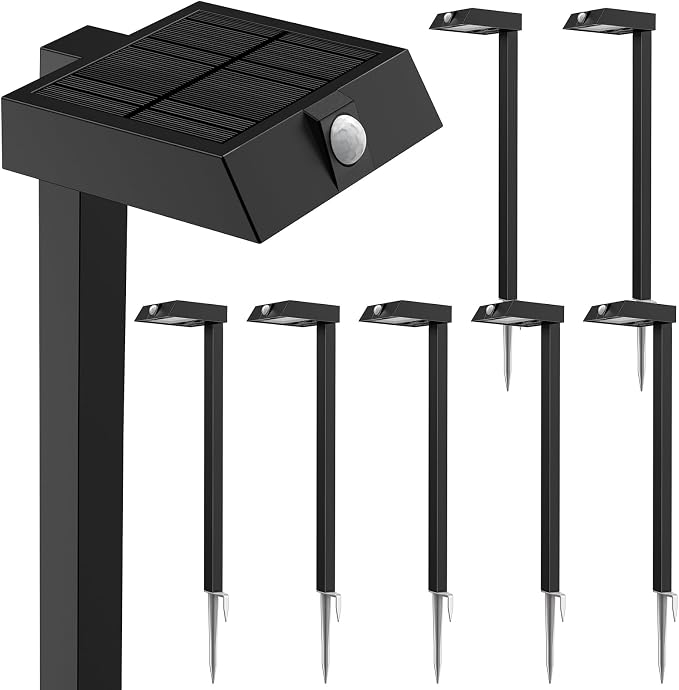 XMCOSY+ Solar Pathway Lights, 8 Pack Metal Motion Sensor Outdoor Lights | 300LM Bright Landscape Light, All-Night Lighting, Waterproof Solar Garden Light for Yard, Driveway & Walkway, Warm/Cool White