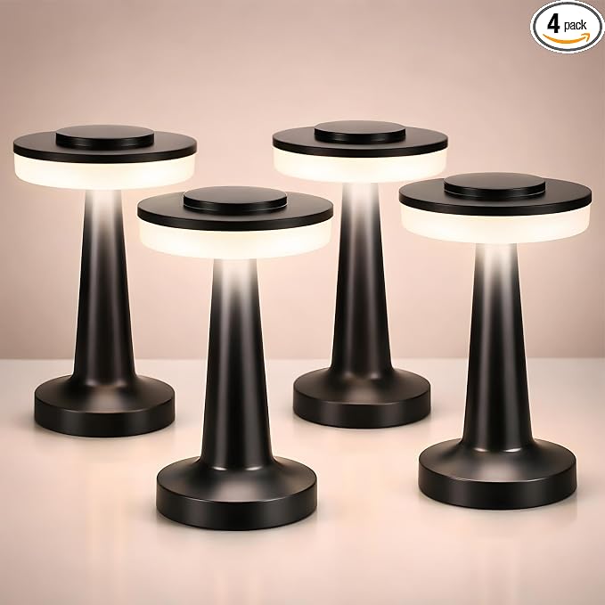 Riakrum 4 Pcs Black LED Portable Cordless Table Lamp Bulk with Touch Sensor 3 Color Stepless Dimming Rechargeable Battery up to 15 Hours Cordless Table Light Wireless Lamp Wedding Home