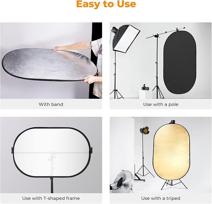 K&F CONCEPT 24" x36”(60x90cm) 5-in-1 Oval Foldable Reflector with Carrying Bag, Gold, Silver, Black, White Reflective Fabric and Translucent Soft Fabric for Studio Lighting