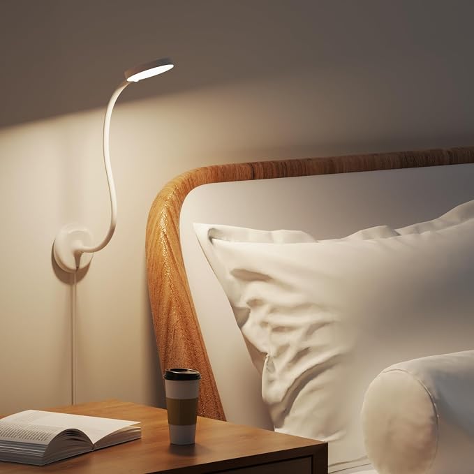ENUOTEK Flexible LED Wall Mounted Reading Light, USB Powered White LED Bedside Reading Lamp, 100%-70%-35%-15% 4 Levels Dimmable and 5000K- 4000K- 3000K 3 Levels Adjustable Lighting Colors