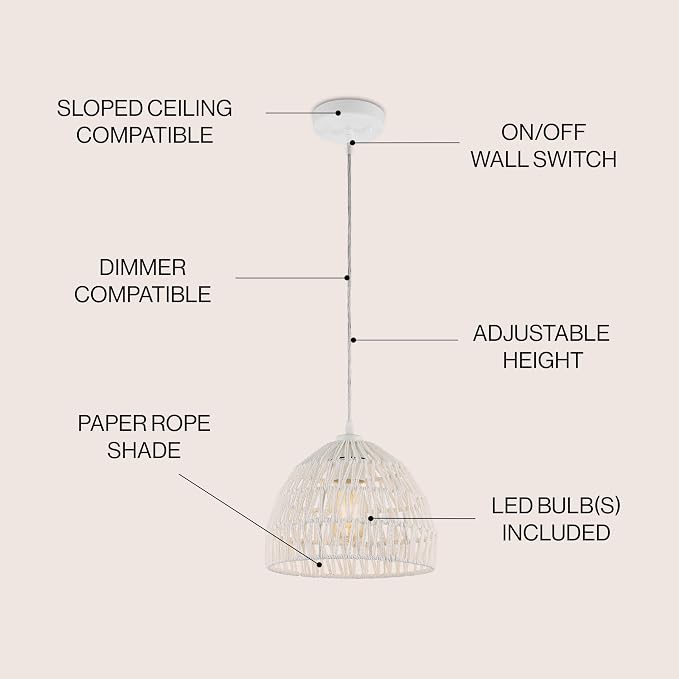 JONATHAN Y Campana 1-Light Pendant Dome Ceiling Lamp, 10.25", White | Modern Coastal Farmhouse Decor, Adjustable Height, Woven Rope Metal Frame, LED Bulb Included, UL Listed