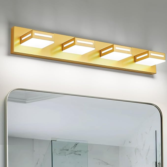 LED Modern Bathroom Light Fixtures, 4-Light 30-Inch Gold Vanity Lights for Bathroom Lighting Fixtures Over Mirror, 6000K Cool White 350° Rotatable Wall Lamp