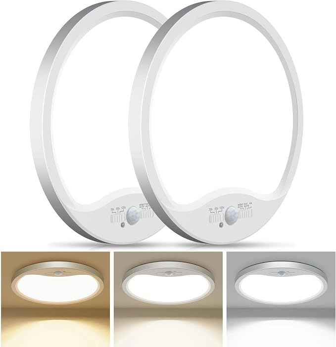 hepside 2 Pack Motion Sensor Ceiling Light Wired, 3000K/4000K/6500K LED Flush Mount Ceiling Light Fixture, 12Inch 24W Motion Sensor Light with Timer for Closet Stair Porch Hallway Pantry,White