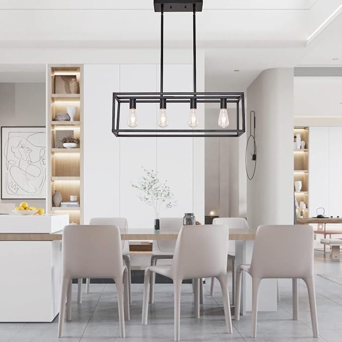 Farmhouse Rectangle Chandeliers for Dining Rooms, Modern Linear Hanging Light Fixture Matte Black 4-Light Industrial Pendant Lighting for Kitchen Island