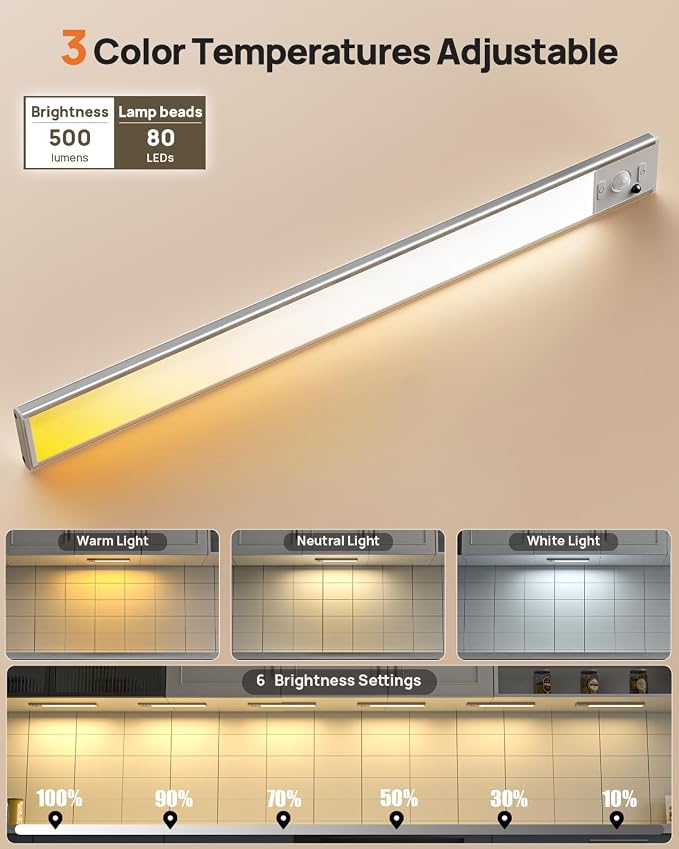 16inch Under Cabinet Lights, LED Motion Sensor Light Indoor, 4000mAh Rechargeable Closet Light with Remote, 3 Color Temps Magnetic Wireless Under Counter Lights for Kitchen, Stair, Pantry, 2 Pack