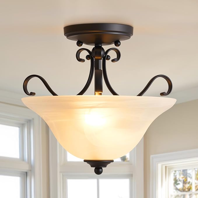 Luvkczc 12" Retro Semi Flush Mount Ceiling Light,Black Ceiling Light Fixture, Mid Century Ceiling Light Modern Glass Close to Ceiling Light for Bedroom Kitchen Porch Hallway,Bulbs Not Included