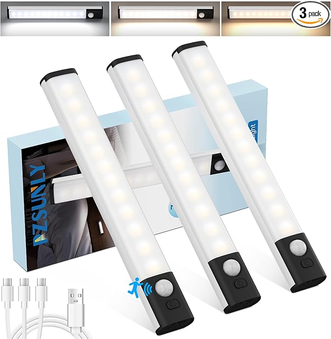 8inch Under Cabinet Lighting Wireless Closet Light Battery Operated | 3Pack Motion Sensor Light Indoor,3color Dimmable Closet Light Rechargeable Wireless,Under Counter Lights for Kitchen,Hallway