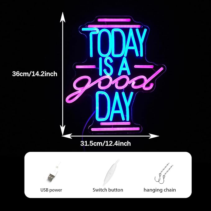 Today Is A Good Day Neon Sign Coffee Cup Milk Neon Light for Wall Decor Dimmable USB Powered 12.4 * 14.2 Inch Led Letter Neon Light Glass Sign for Coffee Shop Wedding Bedroom Party (Blue Pink)