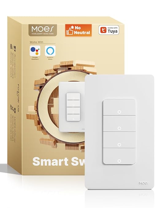 MOES WiFi Smart 4 Gang Light Switches, No Neutral, Require Capacitors | 2.4GHz Single Pole Switch, Work with Alexa Google Assistant