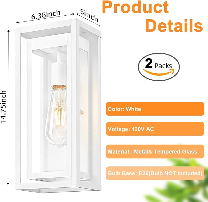 15" Outdoor Wall Lights, White Exterior Lighting Fixtures, 2 Pack | Large Size, Anti-Rust, Waterproof, Tempered Glass, Easy Installation, Modern & Classic Outdoor Sconces for House Porch Garage