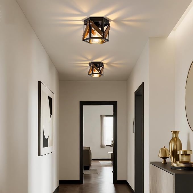 XSDeTu 2 Pack Farmhouse Flush Mount Ceiling Light, Rustic Hallway Light Fixtures Ceiling, Vintage Black Lighting Fixtures with Metal and Wood Cage, Small Chandelier for Kitchen Sink Entryway Bathroom